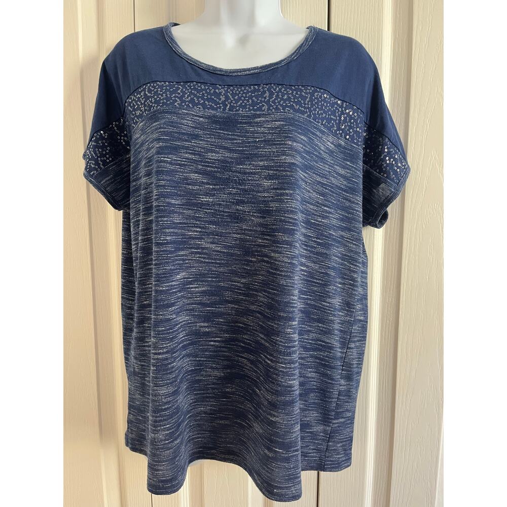 Christopher & Banks Blue Short Sleeve Shirt Scoop Neck Sequin Embellishments L